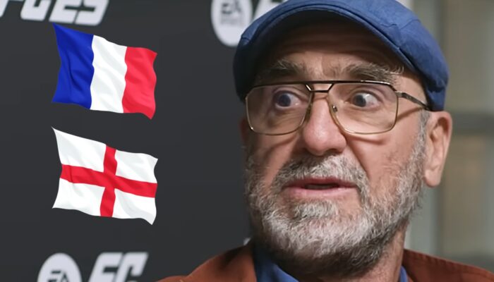 L'ancienne star du football Éric Cantona, ici accompagnée des drapeaux de la France et de l'Angleterre