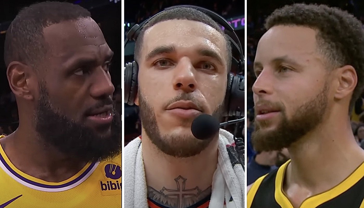 Les joueurs NBA LeBron James (gauche), Lonzo Ball (centre) et Stephen Curry (droite)