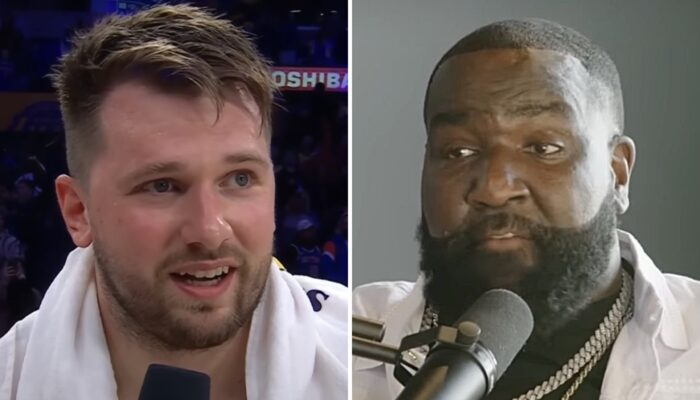 La star NBA des Los Angeles Lakers, Luka Doncic (gauche) et l'ancien pivot Kendrick Perkins (droite)