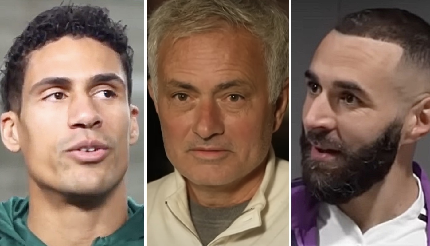 Les anciens membres du Real Madrid, Raphaël Varane (gauche), José Mourinho (centre) et Karim Benzema (droite)