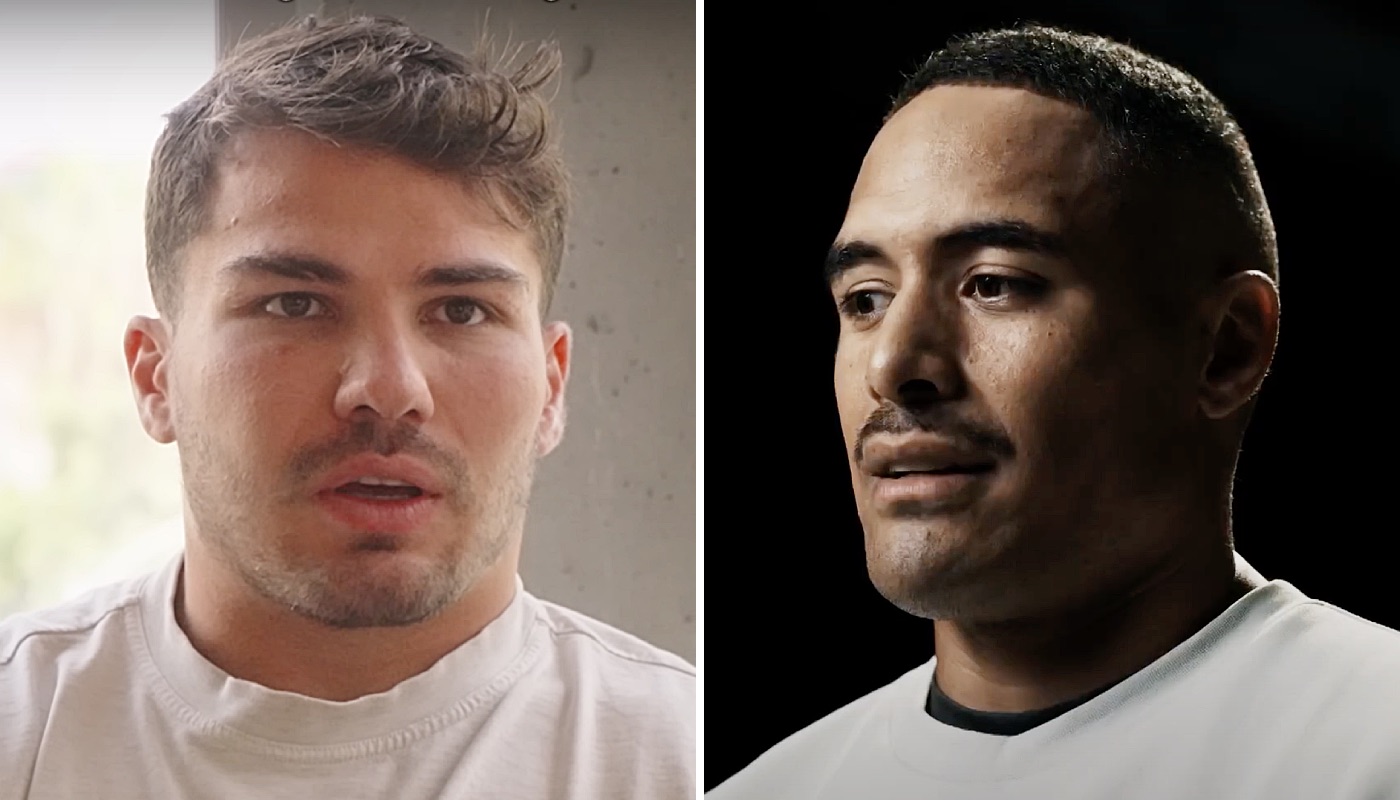 Les rugbymen Antoine Dupont (gauche) et Aaron Smith (droite)