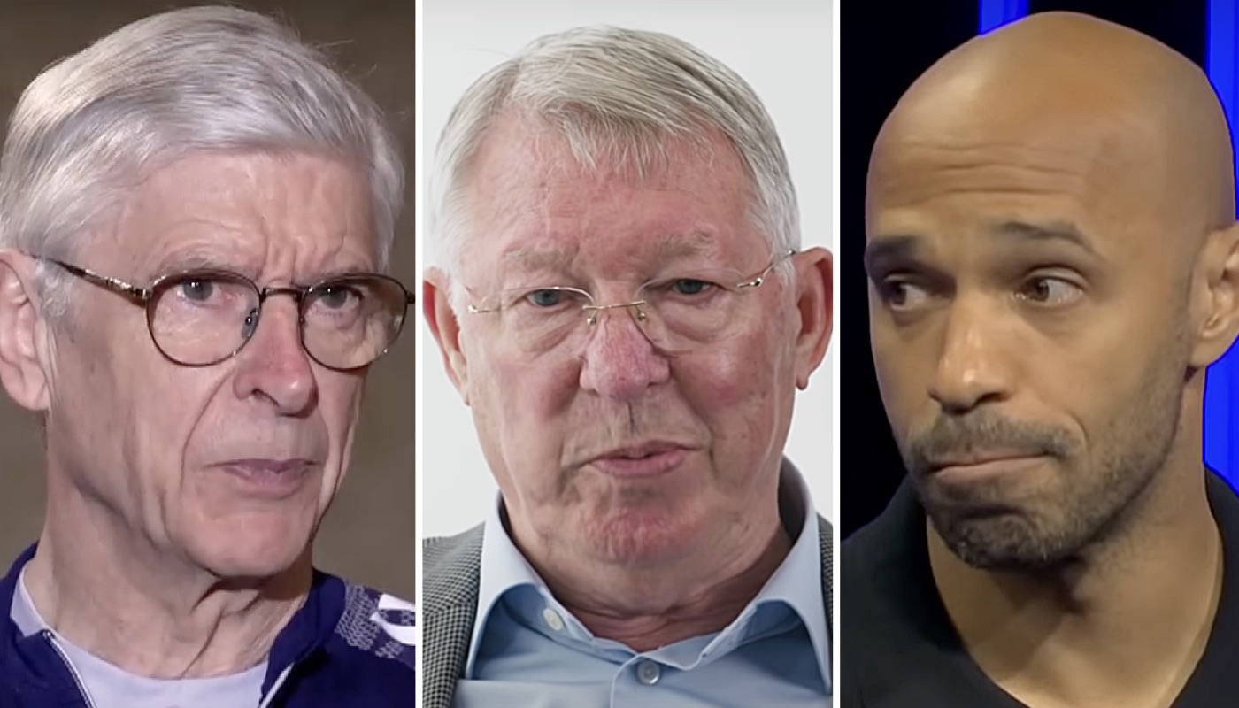 Les légendes du football Arsène Wenger (gauche), Sir Alex Ferguson (centre) et Thierry Henry (droite)