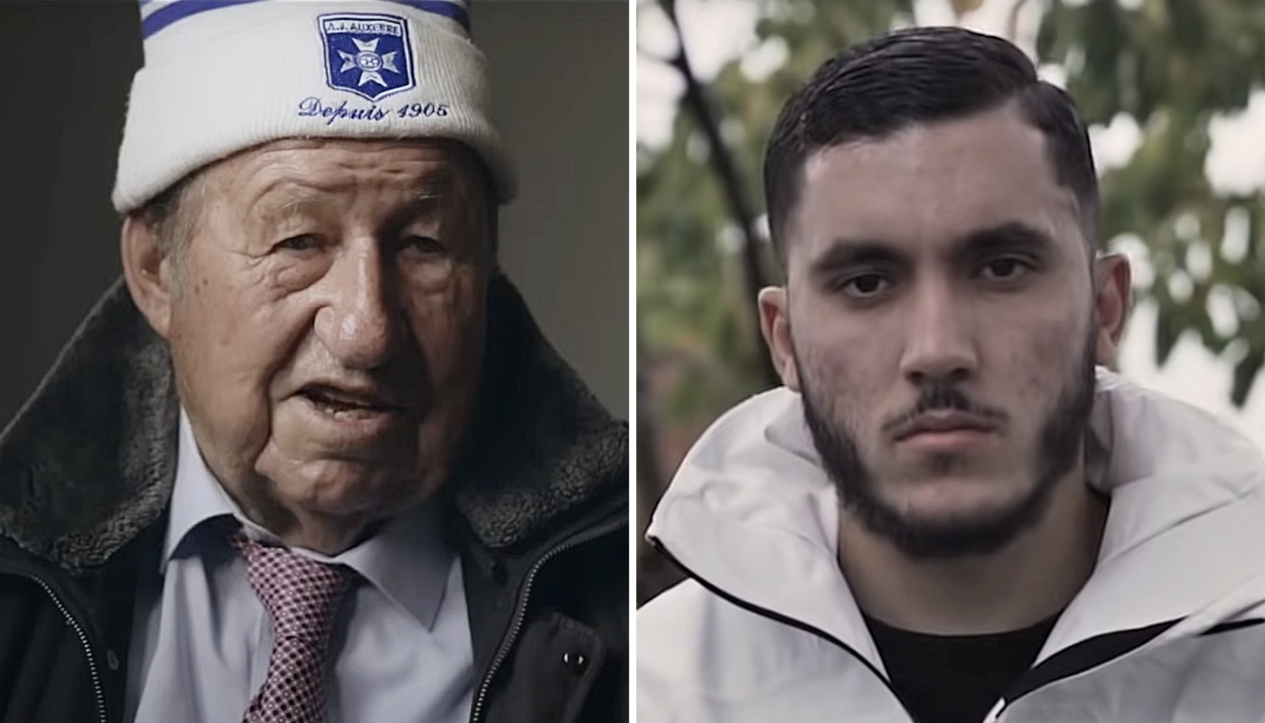 L'ancien entraîneur de l'AJ Auxerre, Guy Roux (gauche) et l'attaquant de l'Olympique Lyonnais, Rayan Cherki (droite)