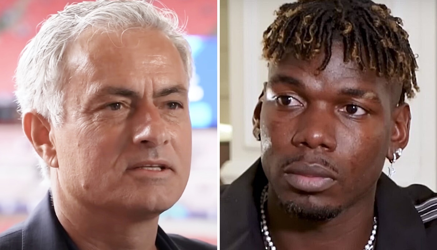 L'entraîneur portugais José Mourinho (gauche) et le milieu de terrain français Paul Pogba (droite)