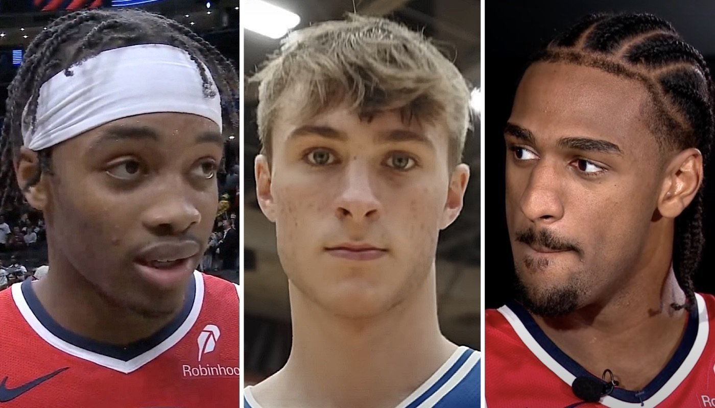 Les joueurs NBA français des Washington Wizards, Bilal Coulibaly (gauche) et Alex Sarr (droite), et le prodige américain Cooper Flagg (centre)