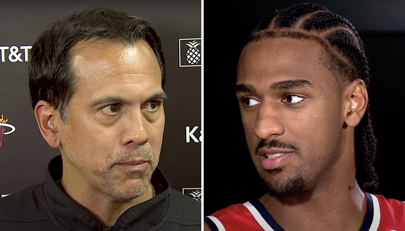 Le coach NBA du Miami Heat, Erik Spoelstra (gauche) et l'intérieur français des Washington Wizards, Alex Sarr (droite)
