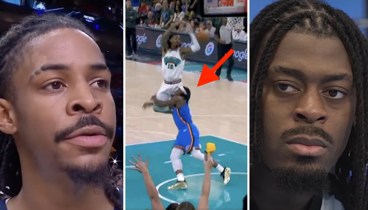 La star NBA Ja Morant (gauche) a été victime d'une vilaine chute après une percussion avec l'arrière du Thunder D'Oklahoma City, Luguentz Dort (droite)