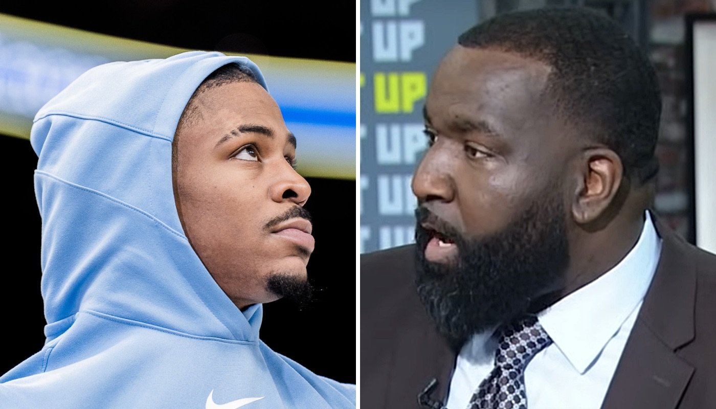 La star NBA des Memphis Grizzlies, Ja Morant (gauche) et l'ancien pivot Kendrick Perkins (droite)
