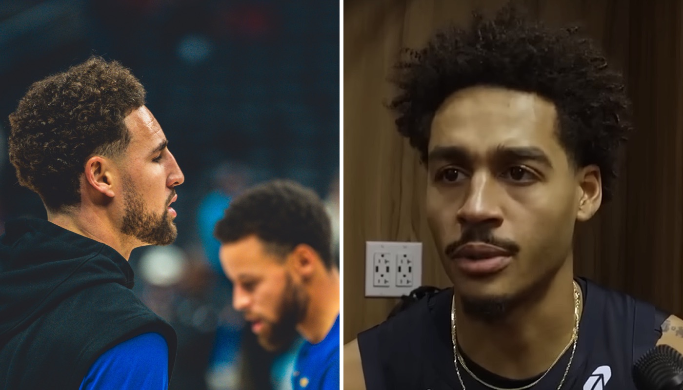 Les stars NBA Klay Thompson et Stephen Curry (gauche) et leur ancien coéquipier aux Golden State Warriors, Jordan Poole (droite)