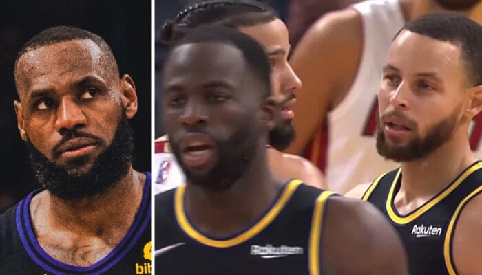 Les stars NBA LeBron James (gauche), Draymond Green (centre) et Stephen Curry (droite)