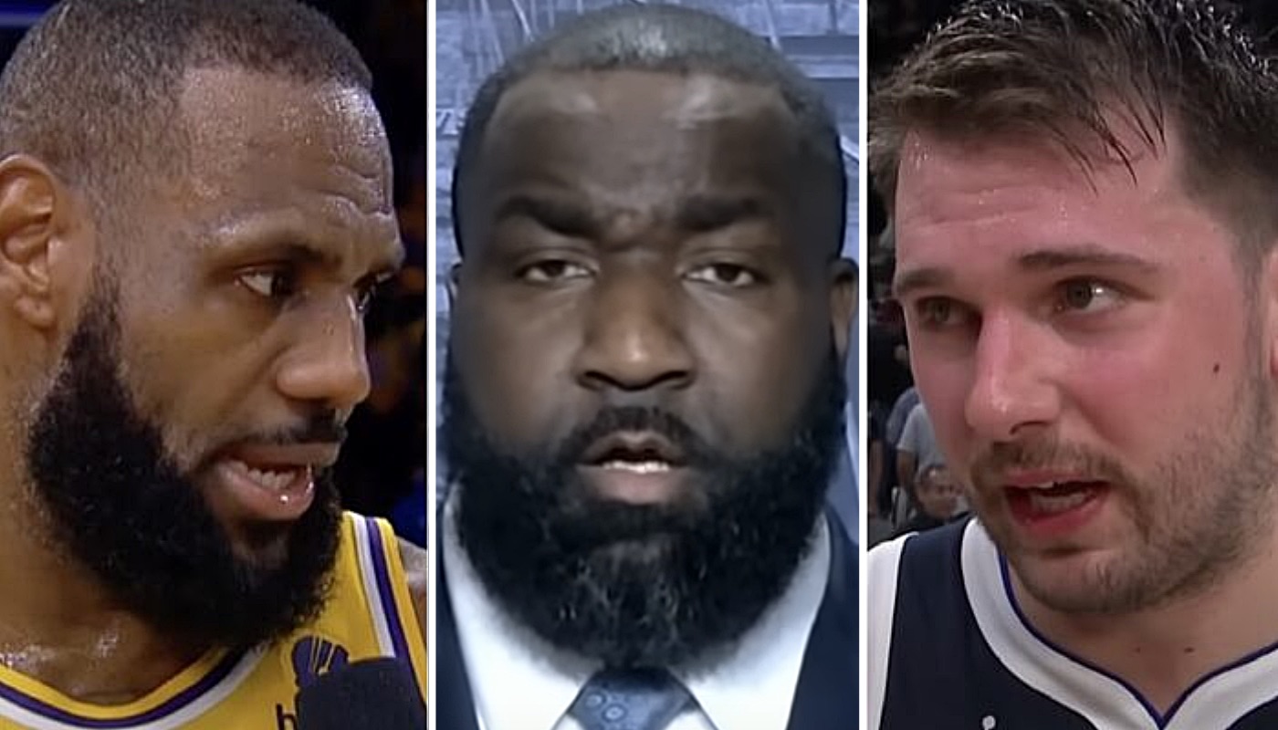 Les figures de la NBA LeBron James (gauche), Kendrick Perkins (centre) et Luka Doncic (droite)