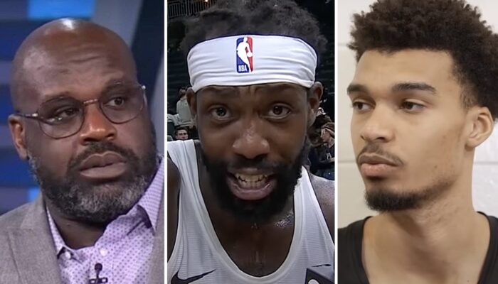 Les joueurs NBA Shaquille O'Neal (gauche), Patrick Beverley (centre) et Victor Wembanyama (droite)