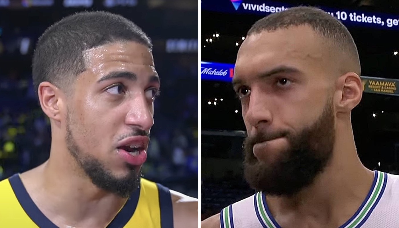 Les stars NBA Tyrese Haliburton (gauche) et Rudy Gobert (droite)
