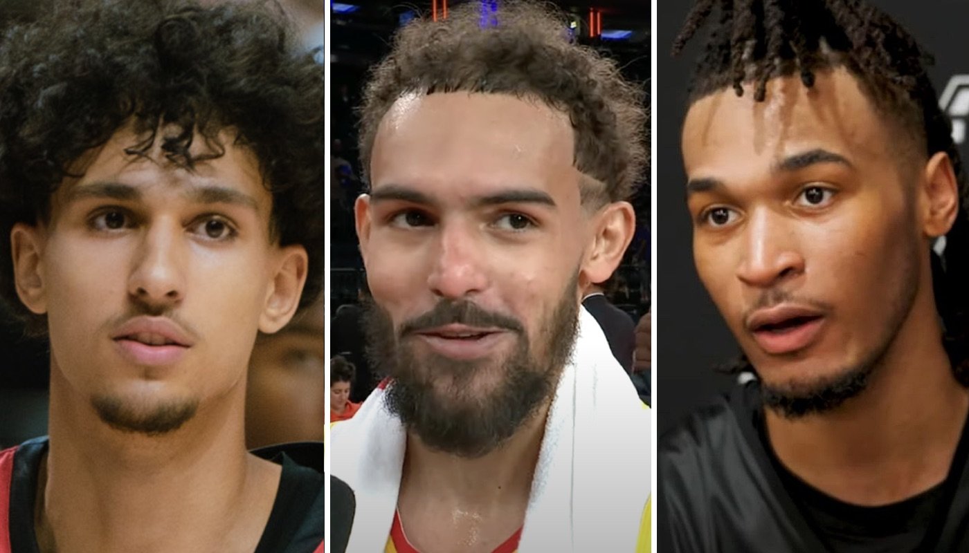 Les joueurs NBA Zaccharie Risacher (gauche), Trae Young (centre) et Stephon Castle (droite)