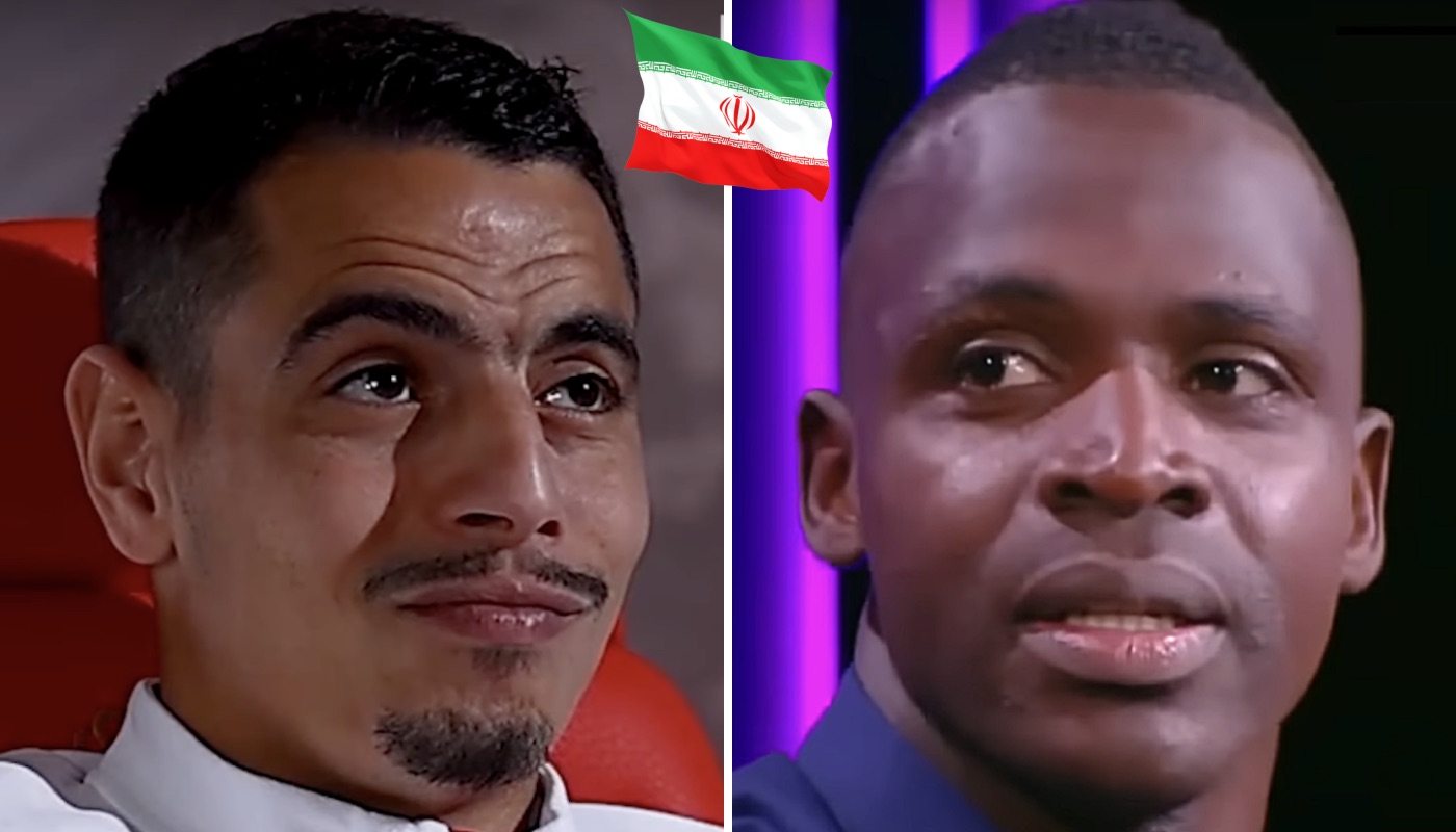 Les footballeurs Wissam Ben Yedder (gauche) et Cheick Diabaté (droite), accompagnés du drapeau de l'Iran