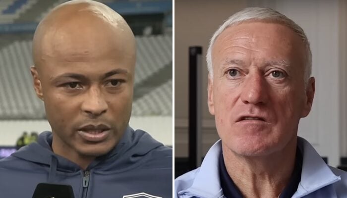 L'attaquant ghanéen André Ayew (gauche) et l'entraîneur français Didier Deschamps (droite)