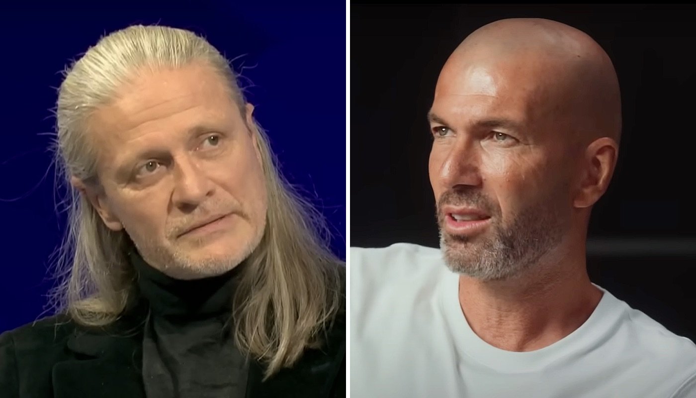 Les anciens joueurs de l'équipe de France de football, Emmanuel Petit (gauche) et Zinédine Zidane (droite)
