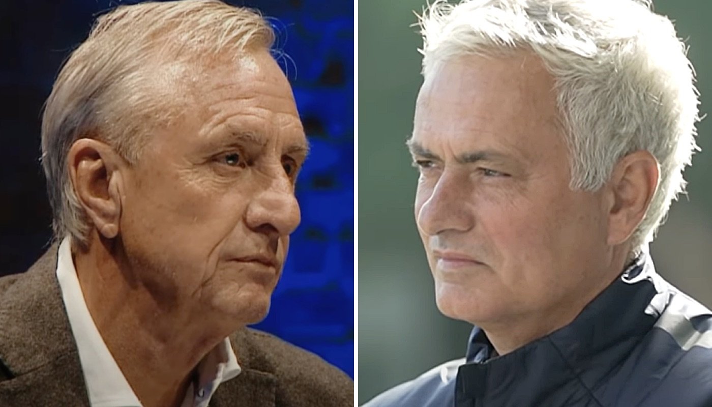 Les légendes du football Johan Cruyff (gauche) et José Mourinho (droite)