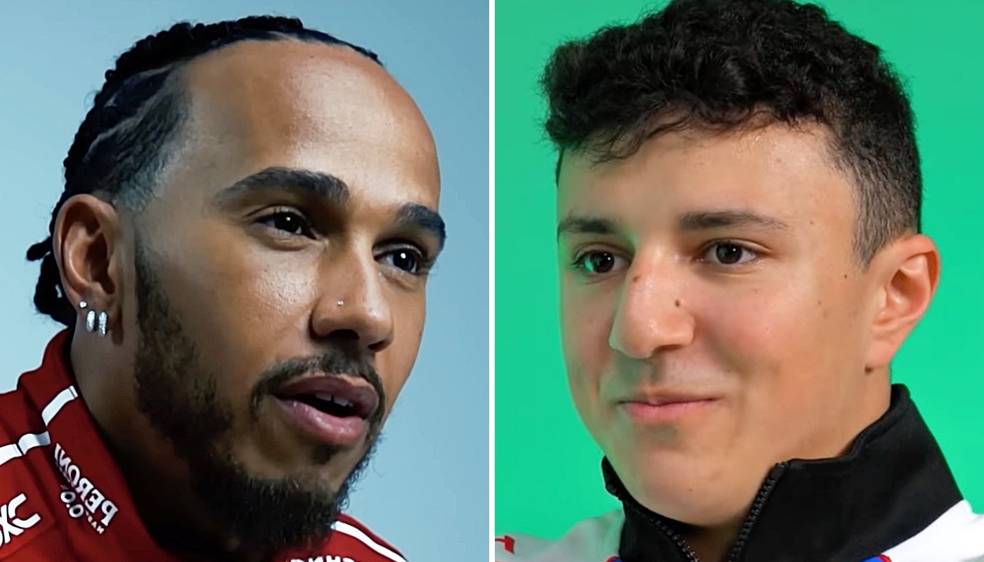 Les pilotes de Formule 1 Lewis Hamilton (gauche) et Isack Hadjar (droite)