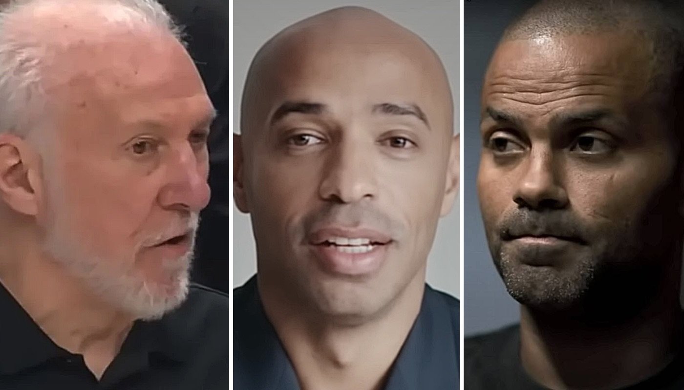 Les légendes NBA Gregg Popovich (gauche) et Tony Parker (droite) ainsi que l'ancien footballeur français Thierry Henry (centre)