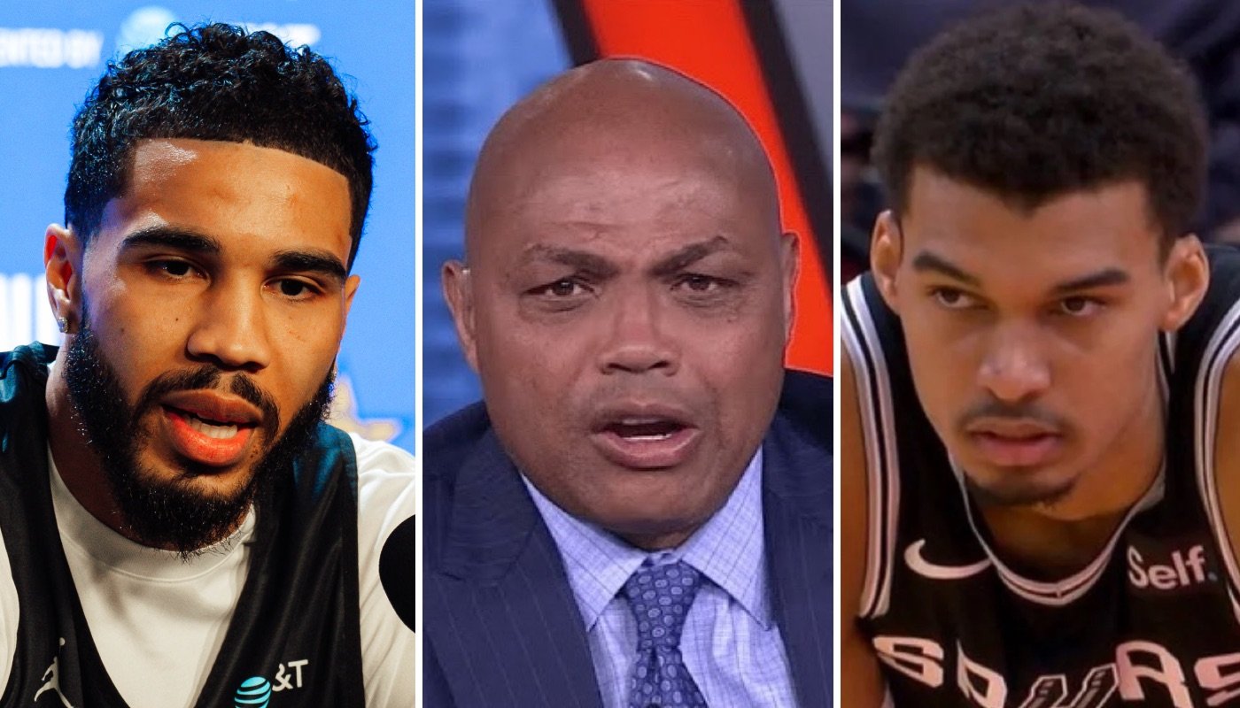 Les stars NBA Jayson Tatum (gauche), Charles Barkley (centre) et Victor Wembanyama (droite)