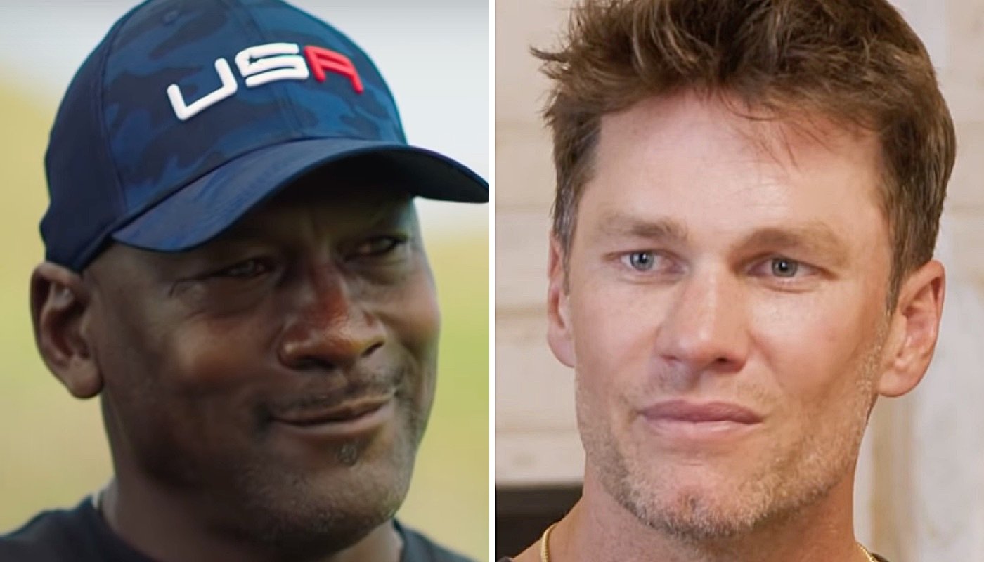 La star NBA Michael Jordan (gauche) et l'ancien quarterback NFL Tom Brady (droite)