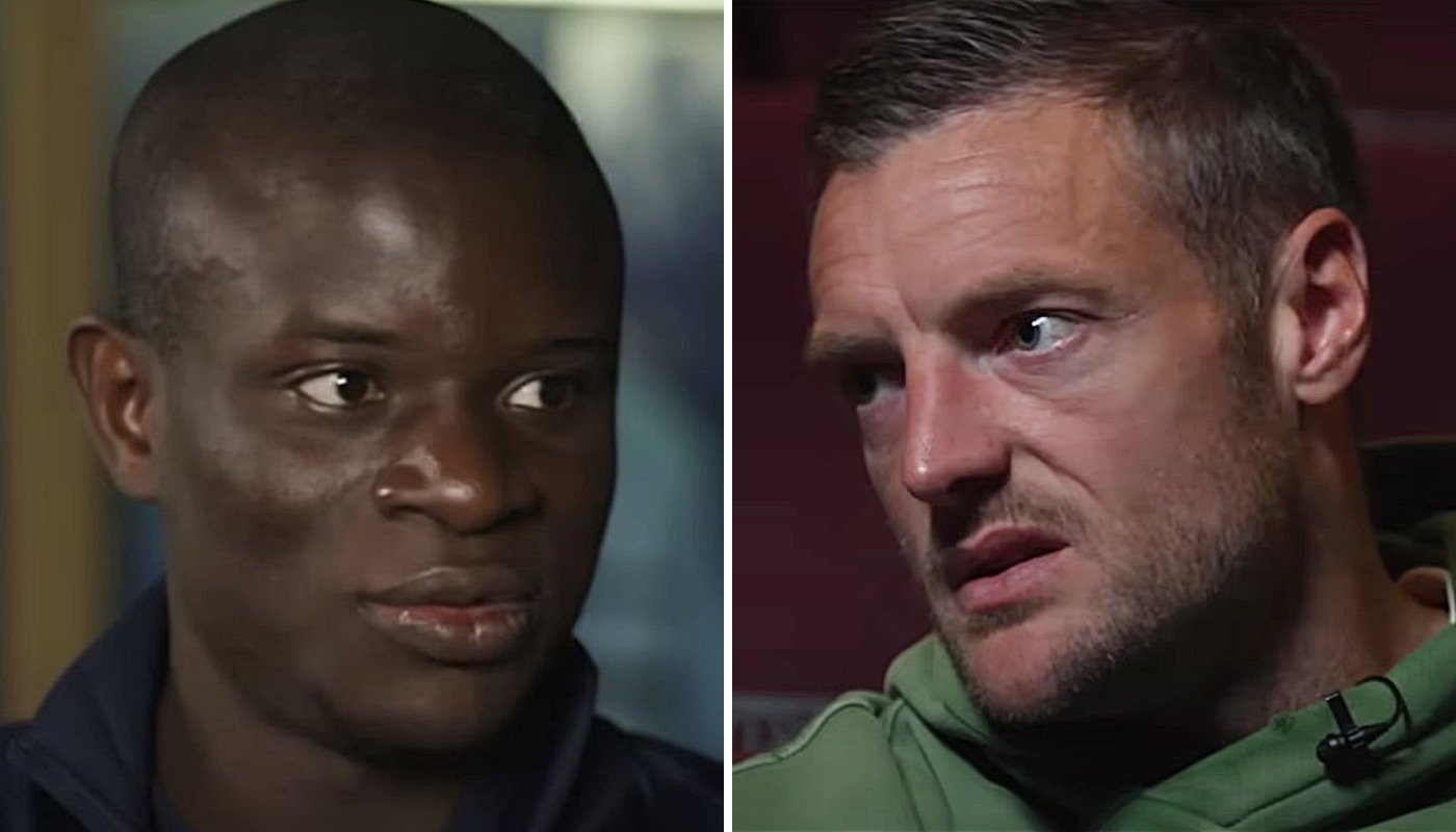 Les anciens coéquipiers à Leicester City, N'Golo Kanté (gauche) et Jamie Vardy (droite)