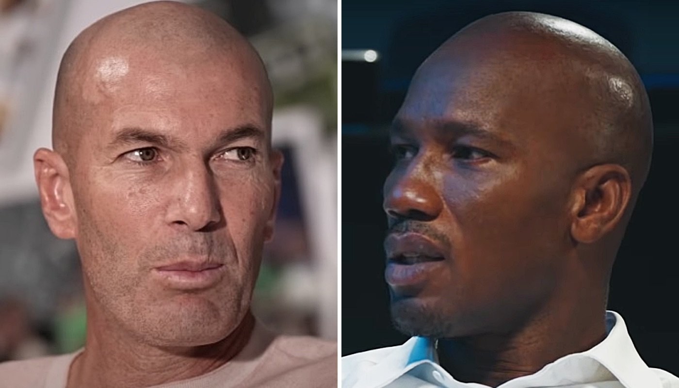 Les légendes du football Zinédine Zidane (gauche) et Didier Drogba (droite)