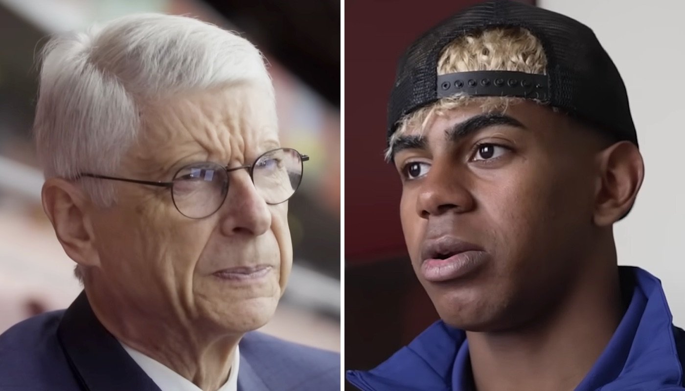 L'entraîneur français Arsène Wenger (gauche) et l'attaquant espagnol Lamine Yamal (droite)