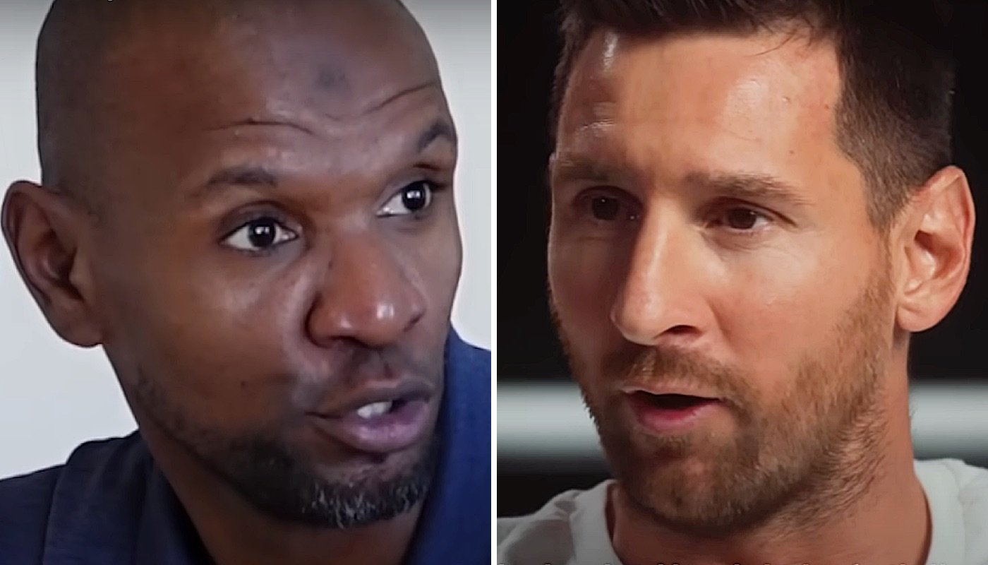 Les anciens joueurs du FC Barcelone, Éric Abidal (gauche) et Lionel Messi (droite)