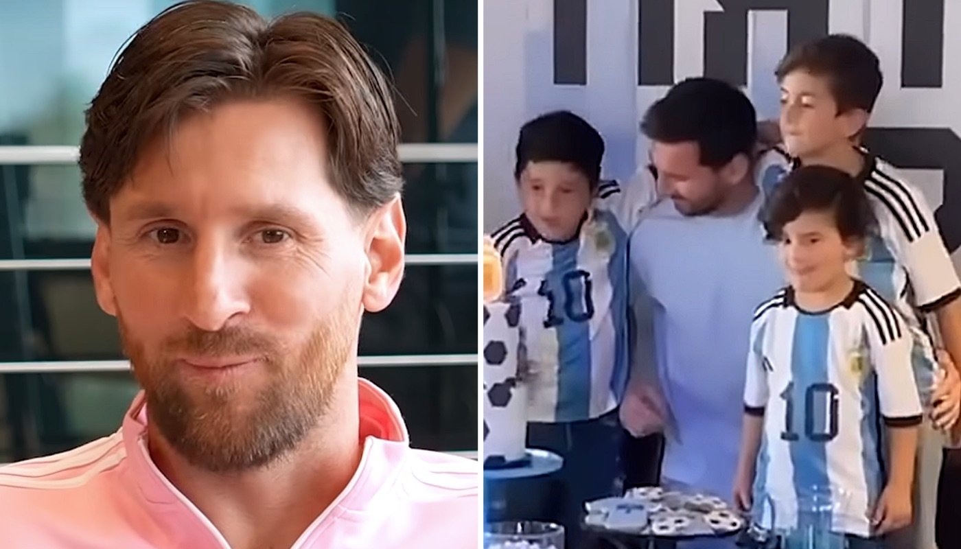 Le footballeur argentin Lionel Messi (gauche) et ses trois fils, Thiago, Mateo et Ciro (droite)