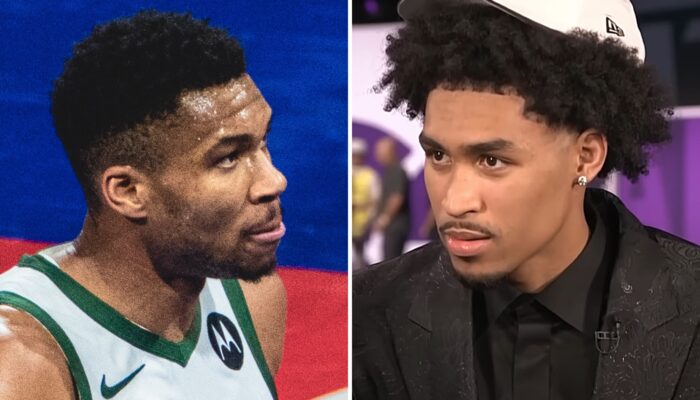 La star NBA Giannis Antetokounmpo (gauche) et le jeune arrière des San Antonio Spurs Dylan Harper (droite)