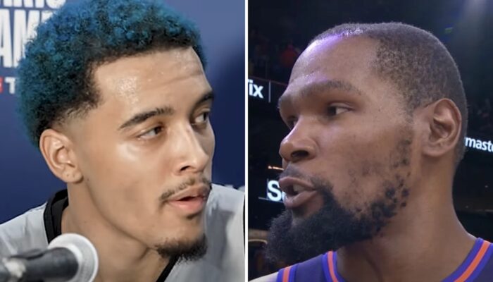 Les joueurs NBA Jeremy Sochan (gauche) et Kevin Durant (droite)