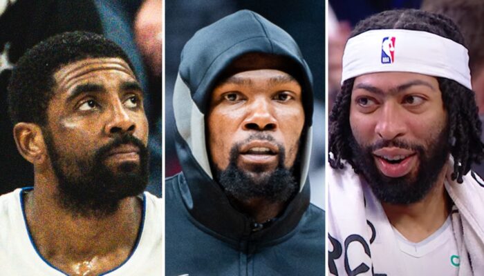 Les stars NBA Kyrie Irving (gauche), Kevin Durant (centre) et Anthony Davis (droite)