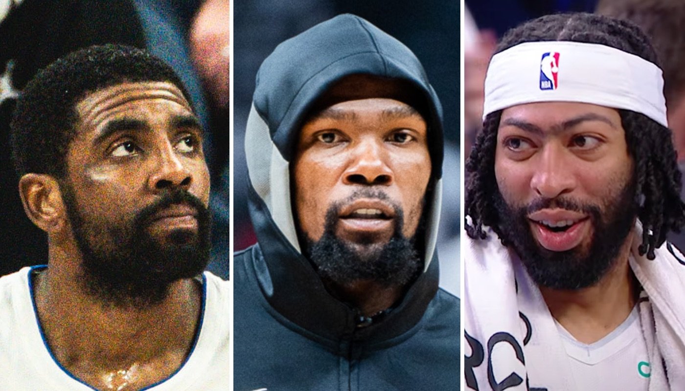 Les stars NBA Kyrie Irving (gauche), Kevin Durant (centre) et Anthony Davis (droite)
