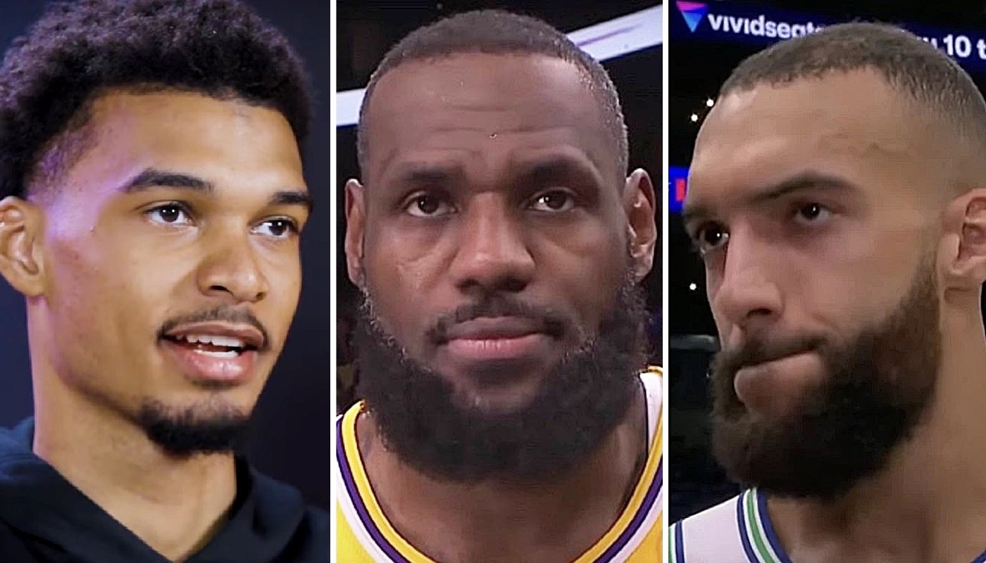 Les stars NBA Victor Wembanyama (gauche), LeBron James (centre) et Rudy Gobert (droite)