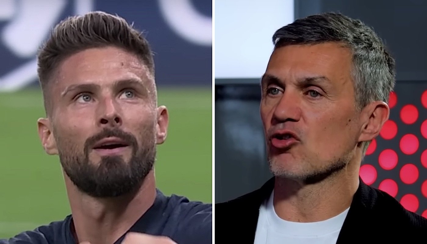 L'attaquant français Olivier Giroud (gauche) et l'ancien défenseur italien Paolo Maldini (droite)