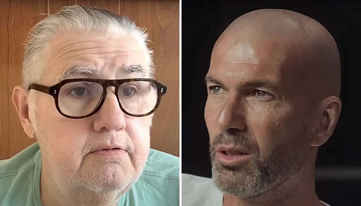 Le journaliste Pierre Ménès (gauche) et l'ancienne star du football français Zinédine Zidane (droite)