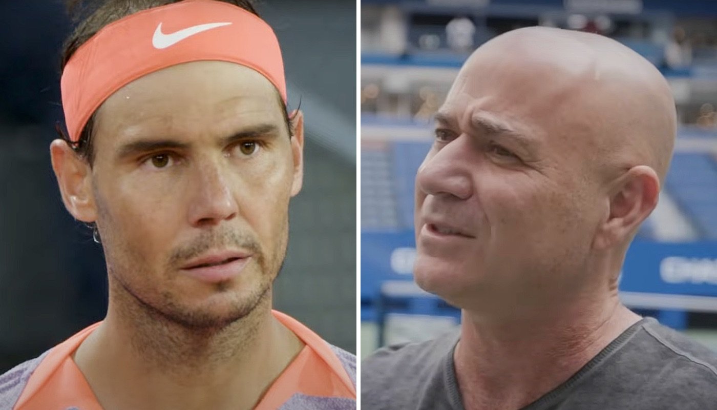 Les légendes du tennis Rafael Nadal (gauche) et André Agassi (droite)