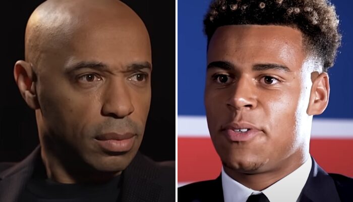 L'ancien attaquant français Thierry Henry (gauche) et le prodige du Paris Saint-Germain Désiré Doué (droite)