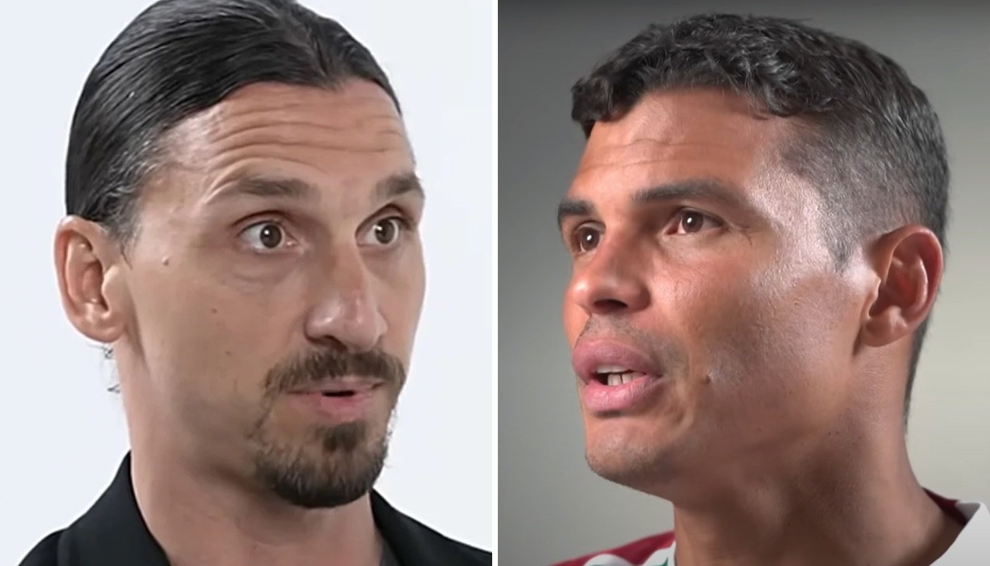 Les anciens joueurs du Paris Saint-Germain, Zlatan Ibrahimovic (gauche) et Thiago Silva (droite)